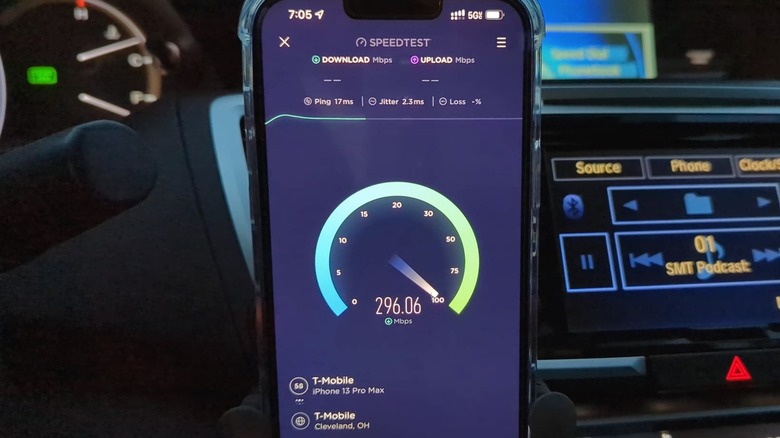 An iPhone connected to T-Mobile's 5G UC network, performing a speed test in 2022.