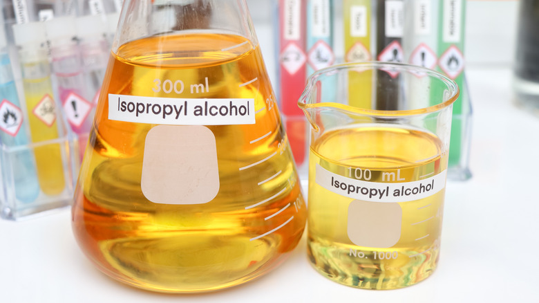 two solutions containing isopropyl alcohol in an erlenmeyer flask and a beaker