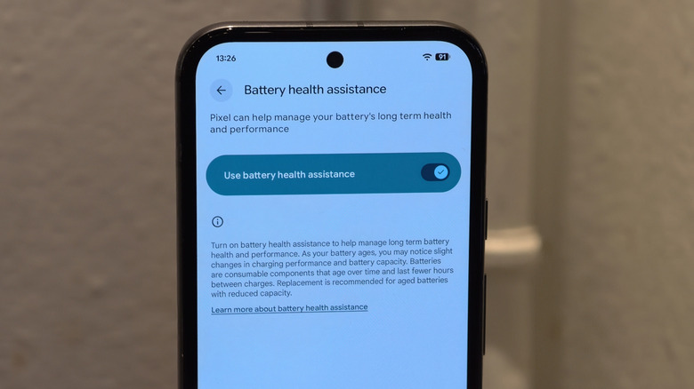 The Battery Health Assistance feature toggle on a Google Pixel 8a