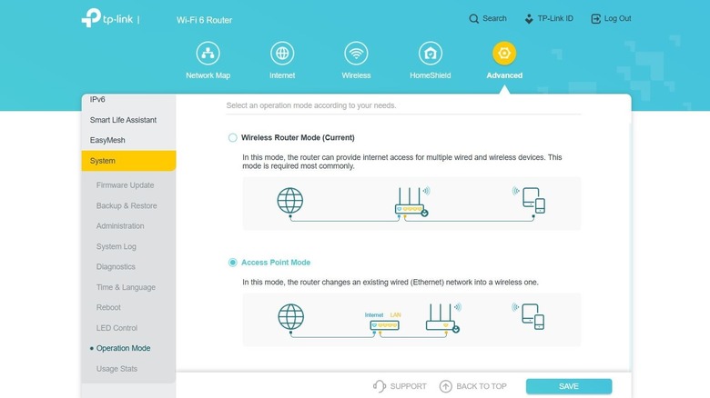 Choosing bridge mode or access point mode on a TP-Link router.