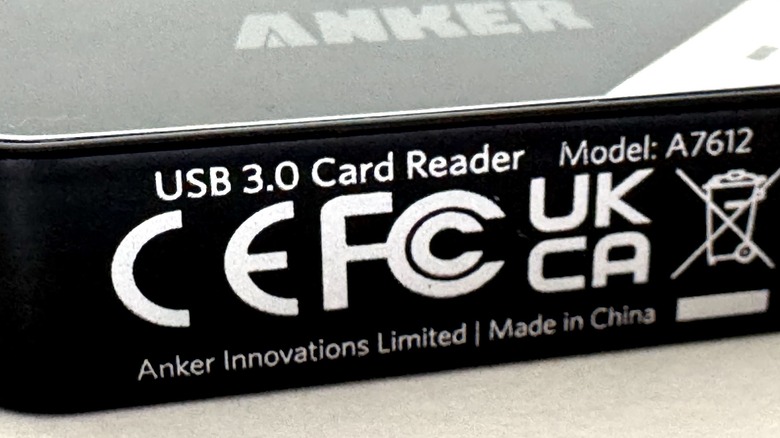A card reader showing the CE, FCC, and UKCA marks.