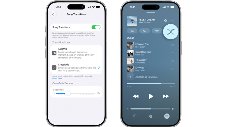 Song Transitions settings in iOS (left), and the Crossfade option highlighted in Apple Music (right).