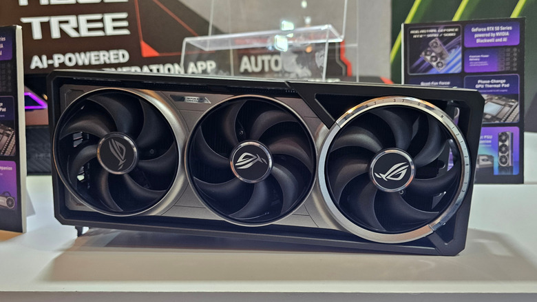 An ASUS Nvidia RTX graphics card on display at an exhibition