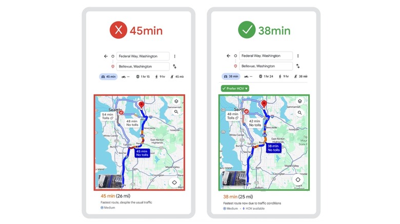 Screenshots showing Google Maps navigation without HOV (left) and with HOV (right).