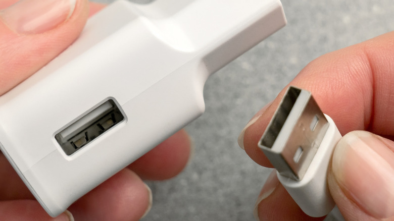 A person holding a USB charger and cable
