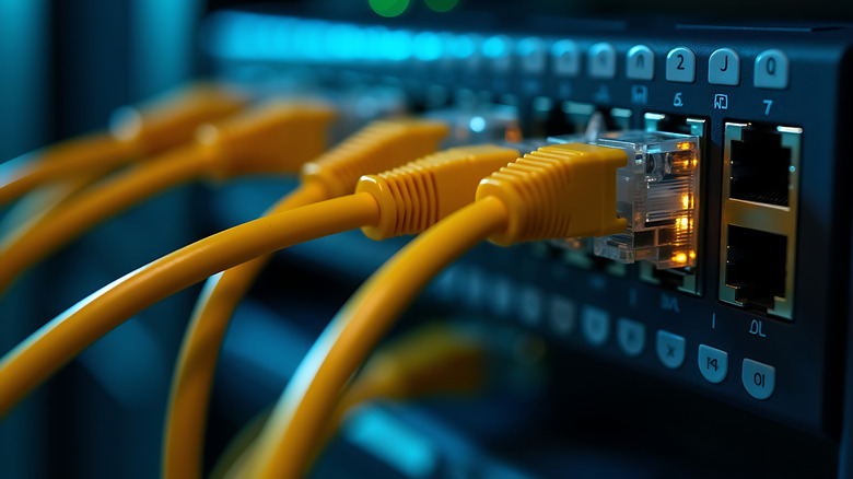 Yellow ethernet cables plugged into a server rack