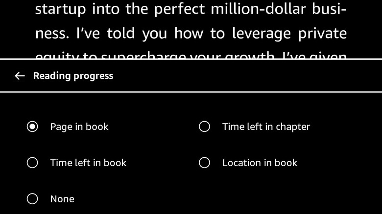 A Kindle showing available Reading progress options