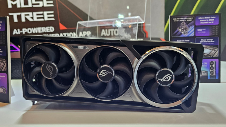 Nvidia RTX 50 series card on display at expo.