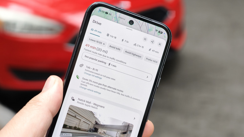Google Maps shows estimated toll fares while suggesting driving directions.