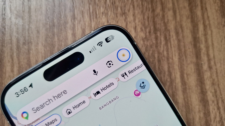 The Google Maps app showing a camera icon in the search bar