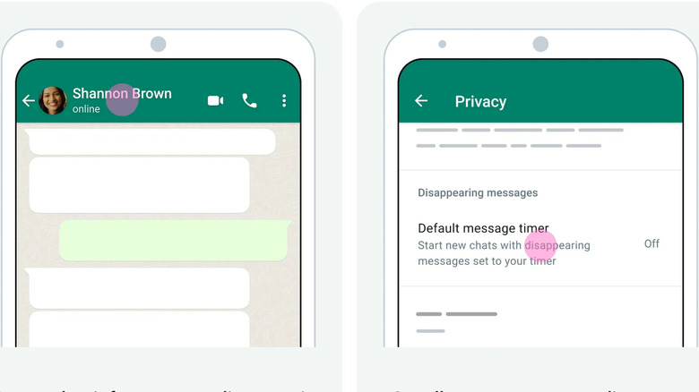 WhatsApp graphic showing how to open chat settings and set up disappearing messages