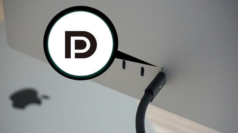 USB-C Thunderbolt port on a Mac using DisplayPort with DP logo presented.