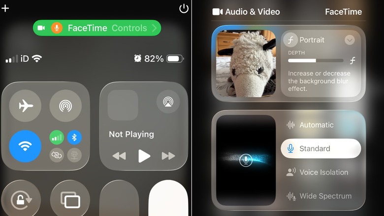 Split image, left screen showing the FaceTime Controls button in Control Center and the right showing the Portrait Depth slider in audio and video settings