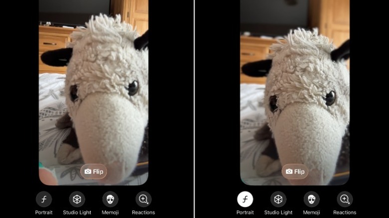A split image showing a plushie opossum on a FaceTime call with portrait mode enabled and without