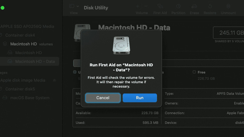 Disk Utility on Mac showing First Aid for startup disk