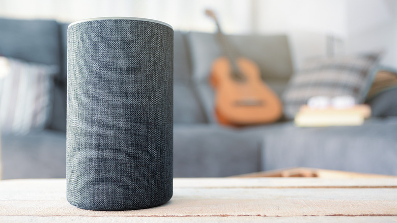 Amazon Echo speaker in the forefront, a guitar rests on a couch in the background, blurred