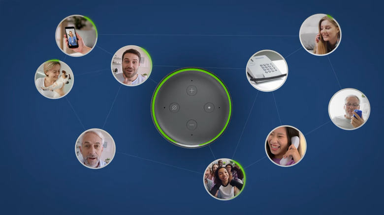 Graphic displaying the top of an echo device (with a green light) connected to images of people and devices