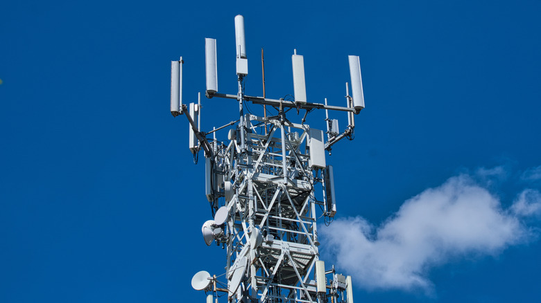 5G cellular tower with a blue sky in the background