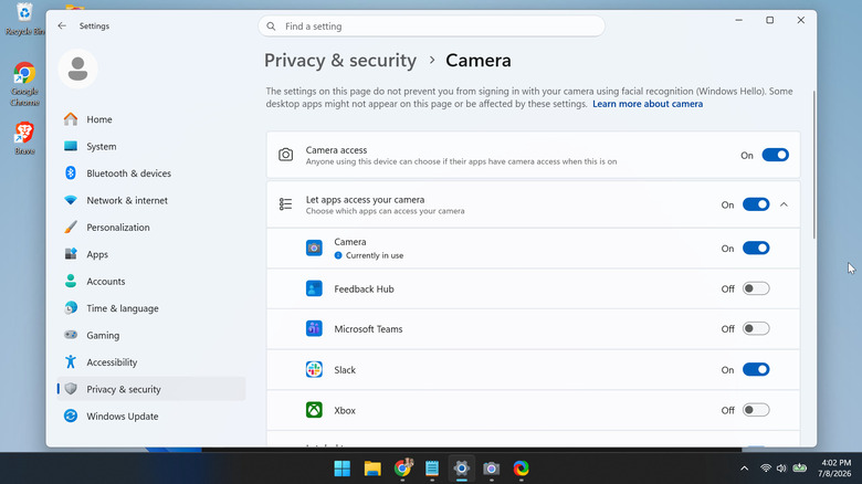 camera permissions on Windows 11 with the camera app reading 