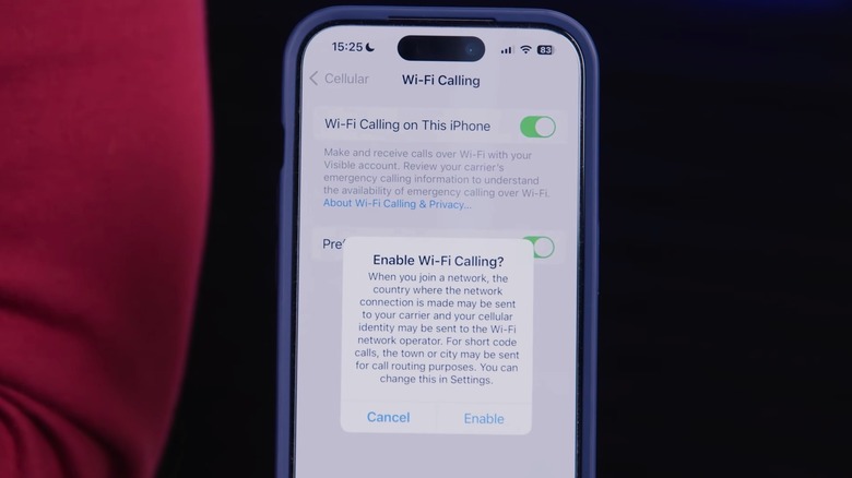 A screenshot from an iPhone showing the Wi-Fi Calling menu and the prompt users may need to confirm.