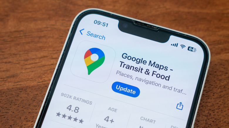 An iPhone displays the Google Maps page within the Apple App Store, there is a blue icon suggesting the app needs updated