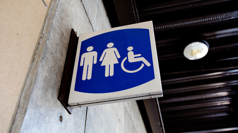 An accessibility sign showing symbols for a man and a woman alongside a person in a wheelchair