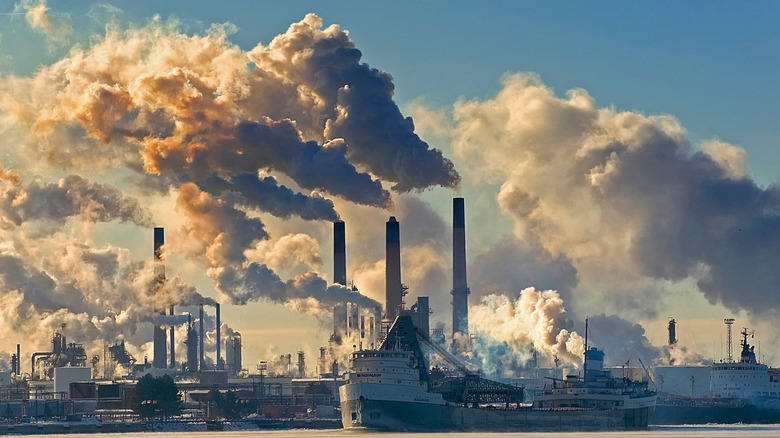air pollution from industrial factories at a port