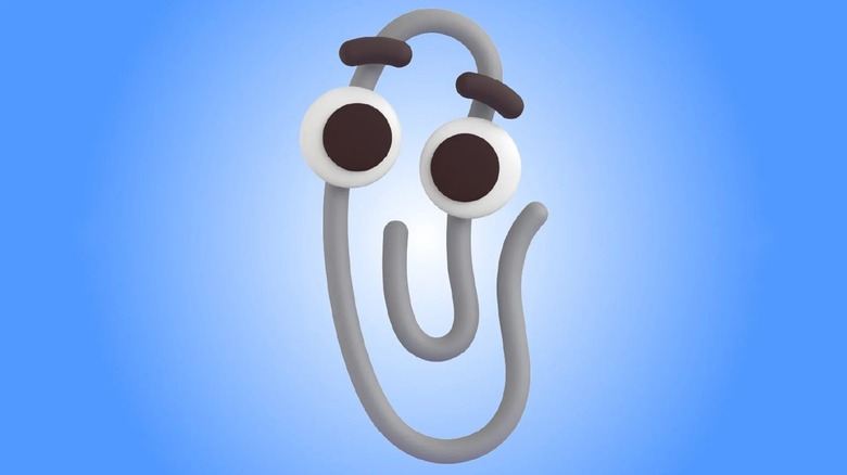 A cartoonish rendition of the Clippy Microsoft Office assistant in front of a blue background