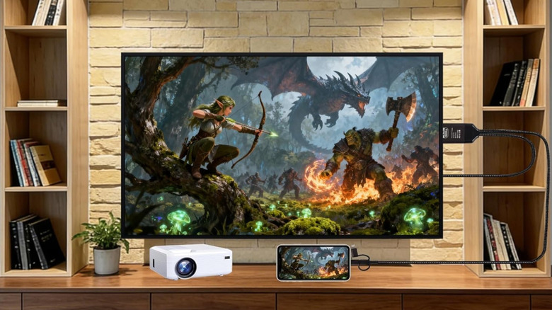 An MHL adapter connected between a phone and a TV.