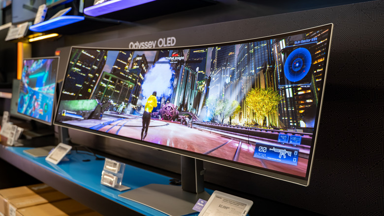 Display of Samsung Odyssey OLED ultrawide gaming monitor, 2025