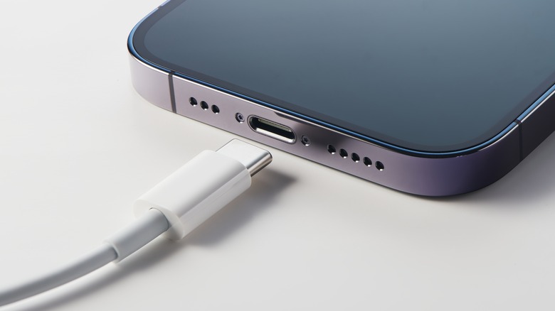 Close up of iPhone charger port with cable near it