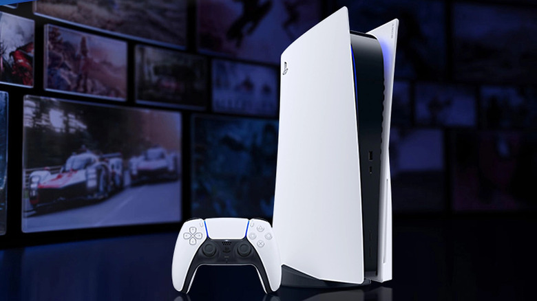 A white PS5 console and a white DualSense controller on a dark blue background