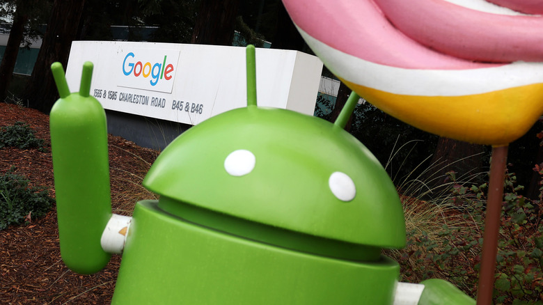 An Android statuette standing outside the streetside entrance to one of Google's offices.