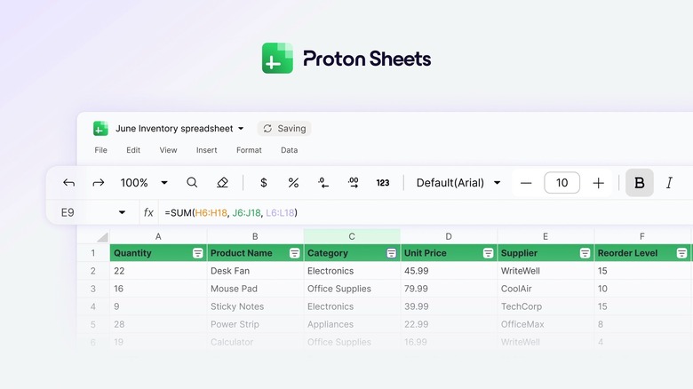 The Proton Sheets user interface.