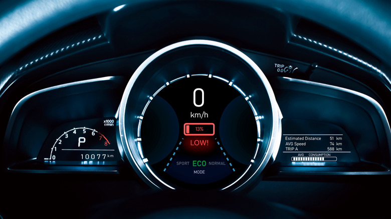 A low power warning on an EV dashboard.