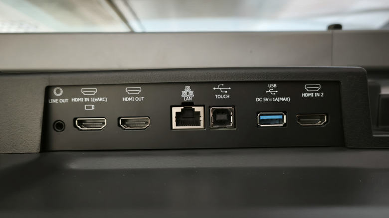 An AV input-output interface with three standard HDMI ports, LAN, USB-B, USB-A, 3.5mm aux, and Mini HDMI.