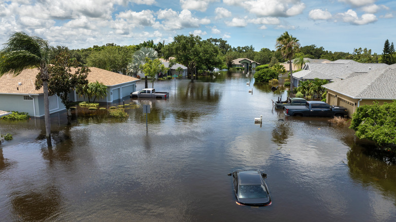 A flooded street from a hurricane weather event