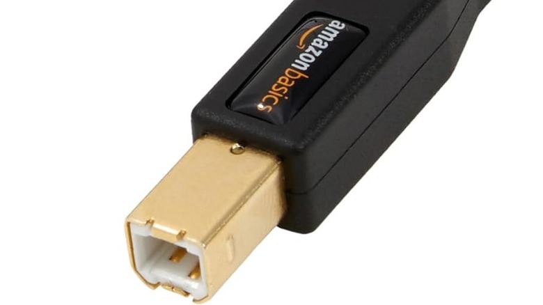 An AmazonBasics USB-A to USB-B 2.0 cable.