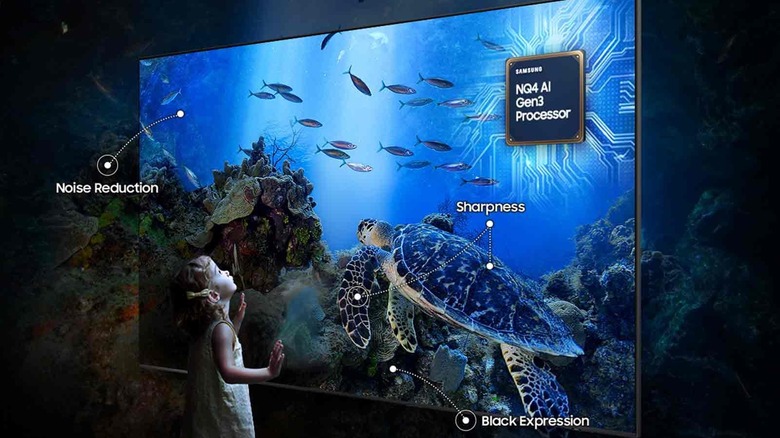 A child admires the visuals of a Samsung AI TV, while text describes its features