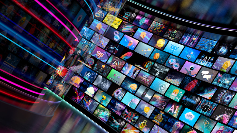 A wall of TVs illustrating the concept of AI TVs becoming ubiquitous