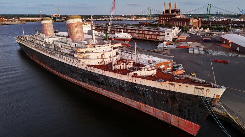 The SS United States rusts in a Philadelphia shipyard.