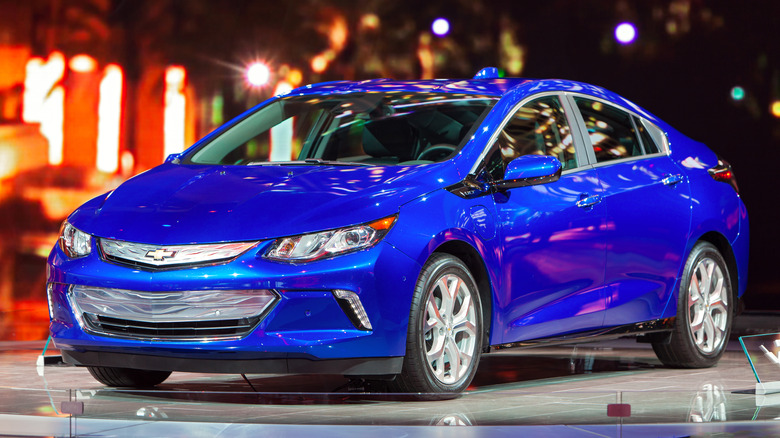 Blue Chevy Volt on display the 2015 North American International Auto Show