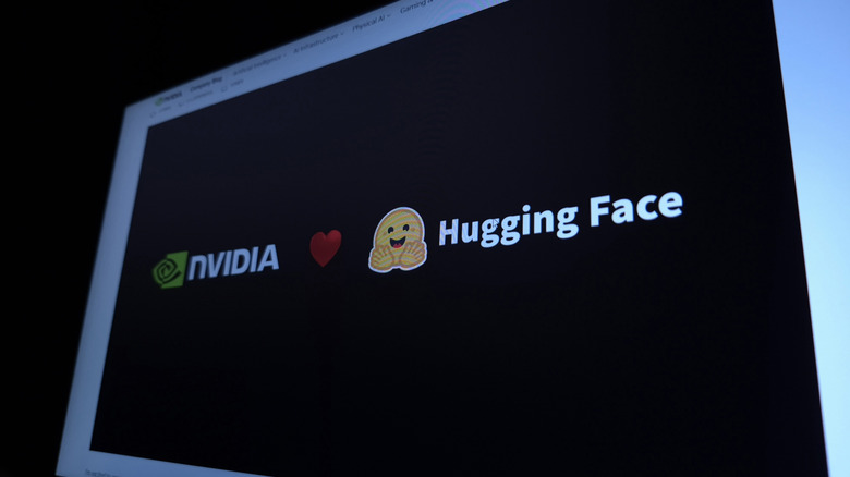 Nvidia logo and Hugging Face logo with a heart emoji in between them, displayed on a computer screen.