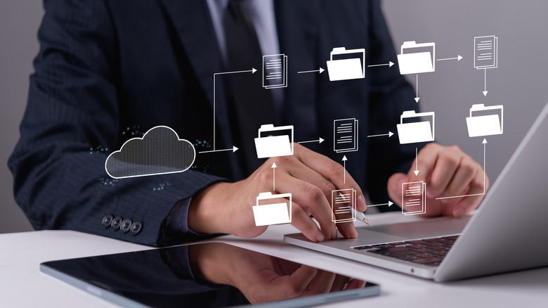 A concept of a person using multiple devices and a cloud service for data backups.
