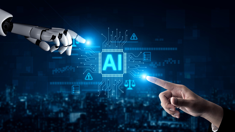 concept, human and AI meeting in the middle and working together, human hand reaching toward hologram-like AI logo with robotic hand reaching from other side