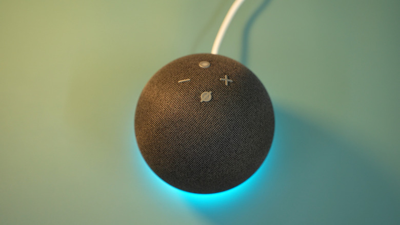 An Amazon Echo Dot (5th Gen) set against a green backdrop.