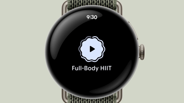A Google Pixel Watch 5 showing Full-Body HIIT on its interface