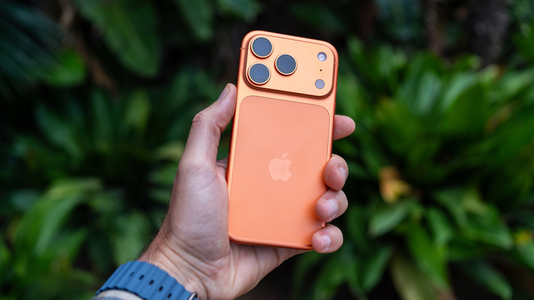 A Cosmic Orange iPhone 17 Pro is held in a user's left hand, behind them both are numerous plants