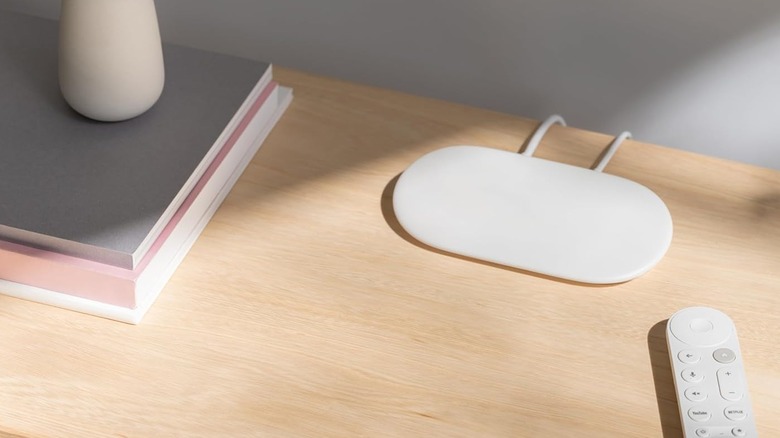The Google TV Streamer set up on a table.