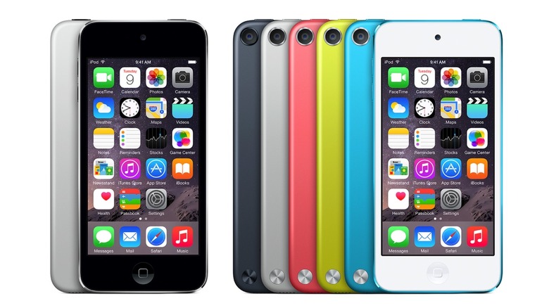 The iPod touch (5th generation) design showing the various colors and the silver button on the back.